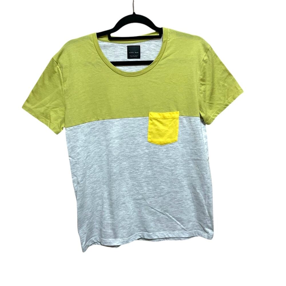 Zara Man Basic Colorblock Crewneck T-Shirt| L Short Sleeves‎ Yellow Gray Casual
